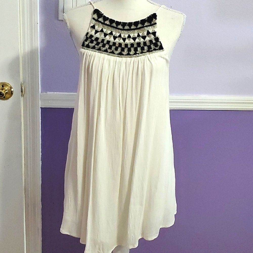 Amuse Off White Boho Romantic Beaded Beachy Flowy Mini Dress S